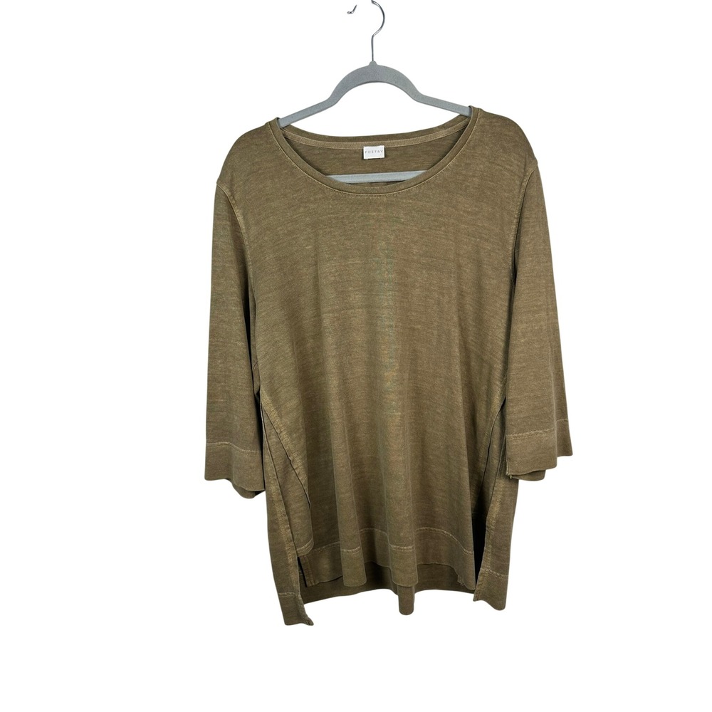 Poetry Hemp Cotton Top Womens 16 Olive Green Excellent 3/4 Sleeve Side Slit